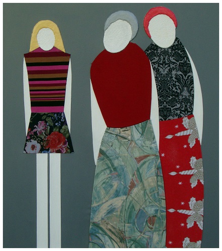 CONFRONTI -  (Dalla serie  delle donne) -  opera su tela (pasta vinilica, stoffa e colore acrilico)  70X80 - 2019