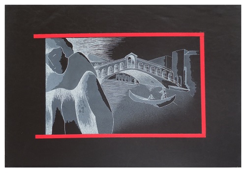 PONTE DI RIALTO -  opera su tavola - tecnica mista  a rilievo (acquaforte, acquatinta,  stampa in negativo su  cuoio, materiale cartacceo e colore acrilico )  cm. altezza  49,5, lunghezza 34,  profondità 1,5 - 2019