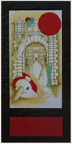 TEATRO OLIMPICO - opera su tavola - tecnica mista a rilievo (litografia, collage , supporto ligneo , pasta vinilica e colore acrilico con inserto ligneo rosso), cm. altezza 60, lunghezza 30, profondità 2,5 - 2018